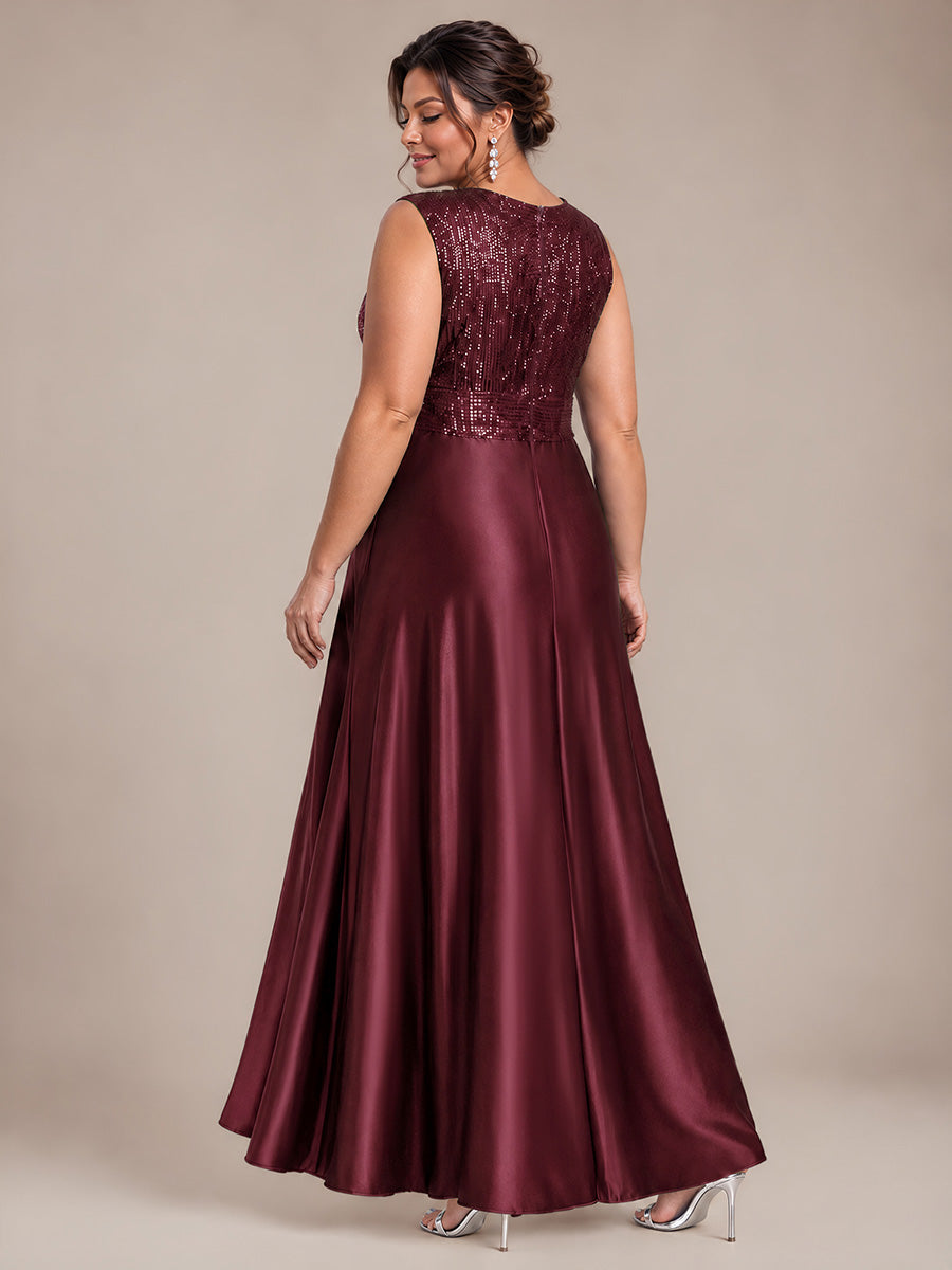 Plus Size Sequin Satin Evening Dress #color_Burgundy