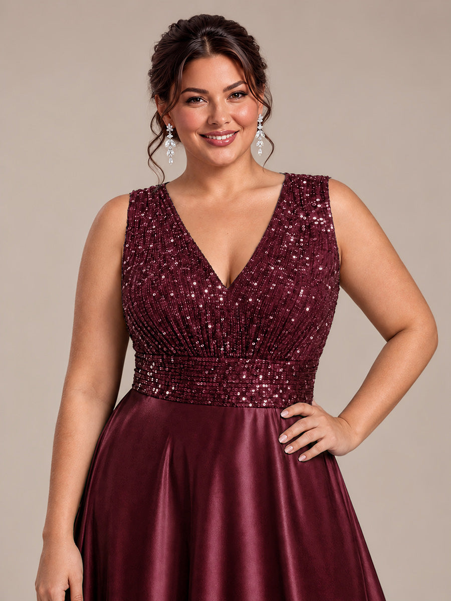 Satin Sleeveless A-Line Evening Dress #color_Burgundy