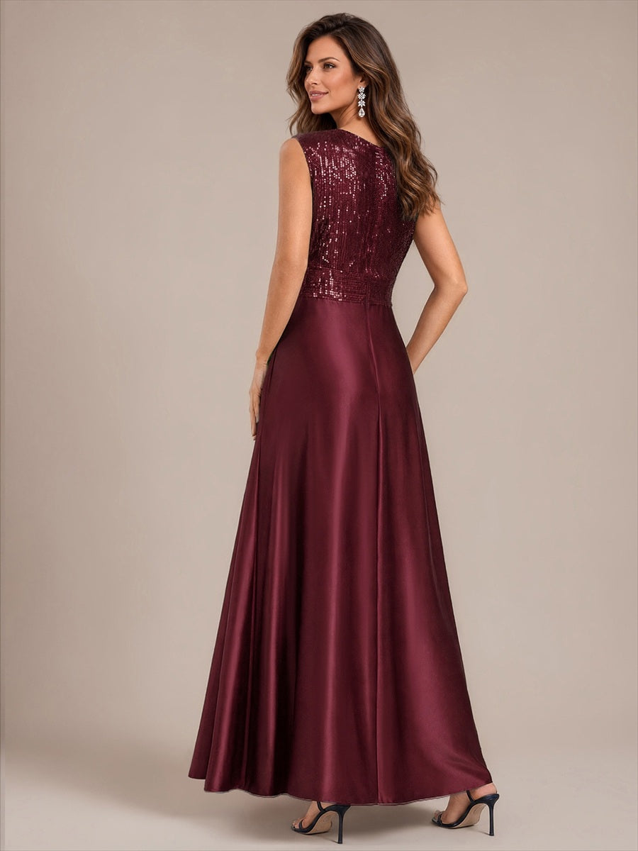 Satin Sleeveless A-Line Evening Dress #color_Burgundy