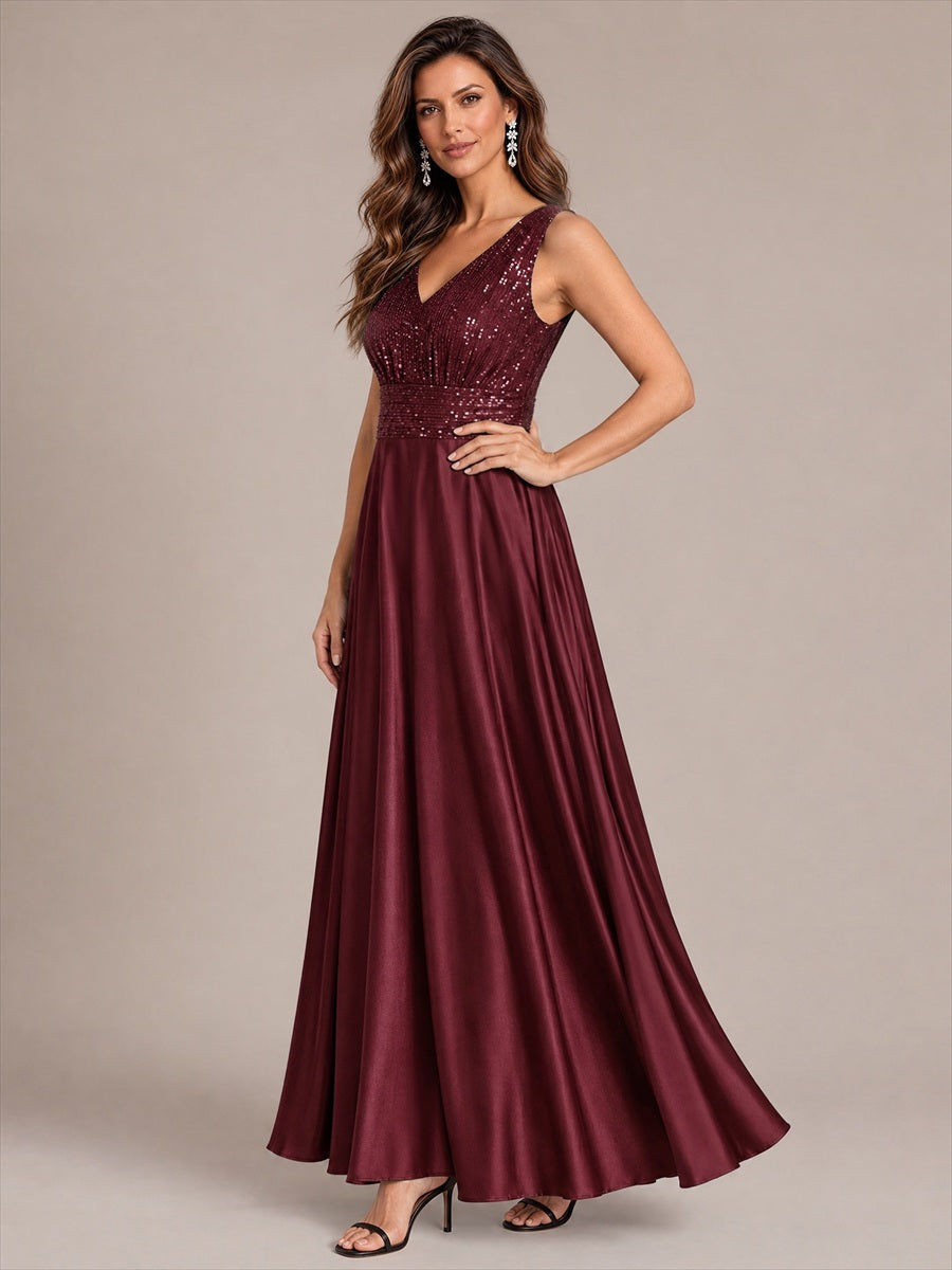 Satin Sleeveless A-Line Evening Dress #color_Burgundy