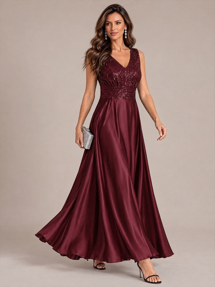 Satin Sleeveless A-Line Evening Dress #color_Burgundy