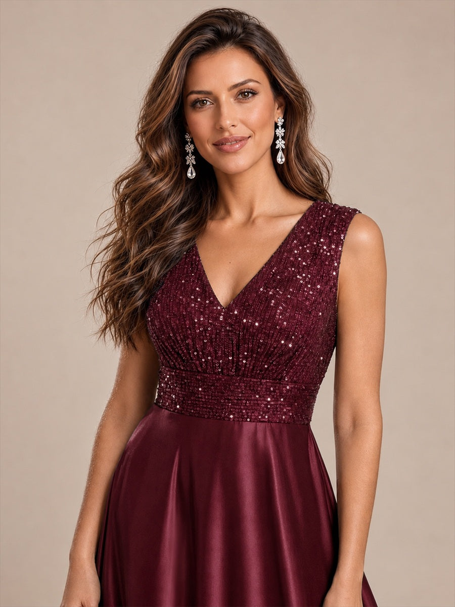 Satin Sleeveless A-Line Evening Dress #color_Burgundy