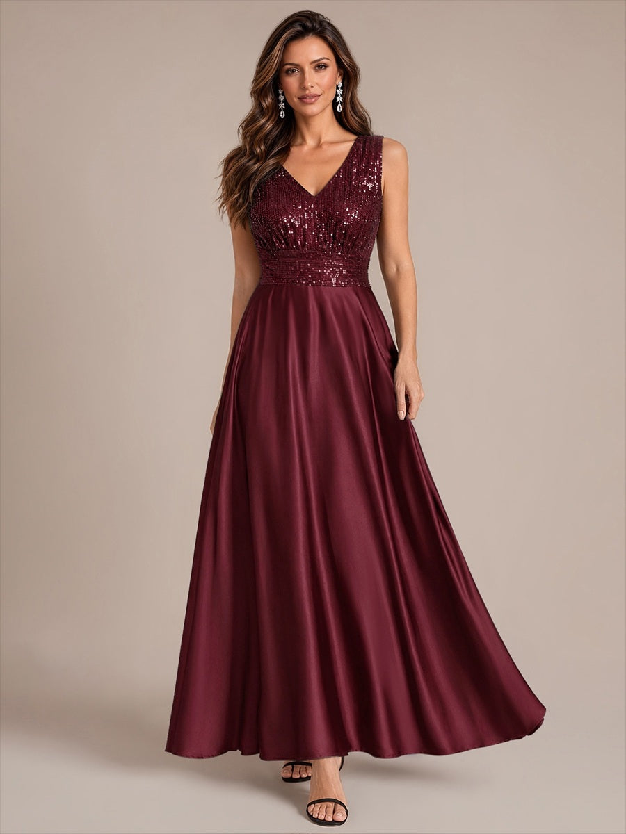 Satin Sleeveless A-Line Evening Dress #color_Burgundy