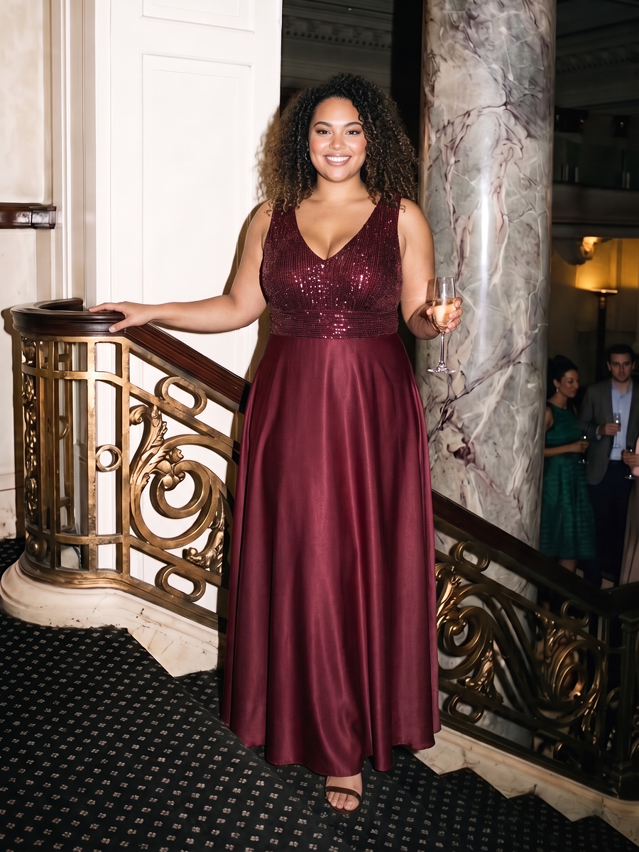 Plus Size Sequin Satin Evening Dress #color_Burgundy