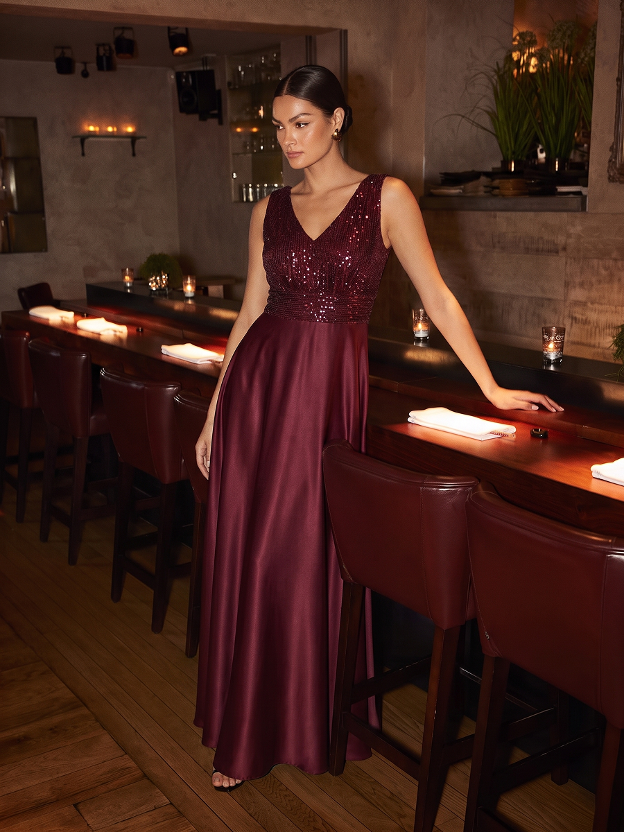 Satin Sleeveless A-Line Evening Dress #color_Burgundy