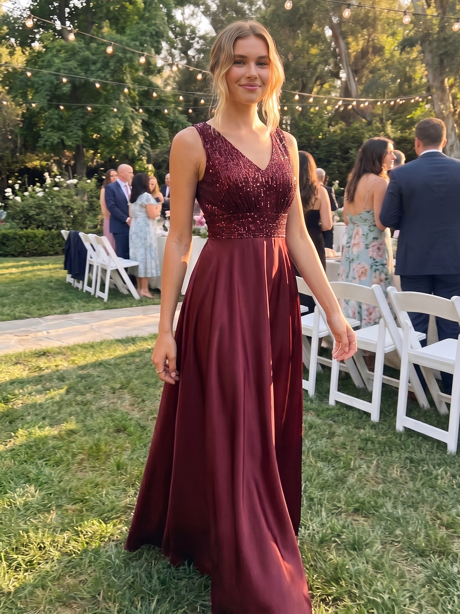 Satin Sleeveless A-Line Evening Dress #color_Burgundy
