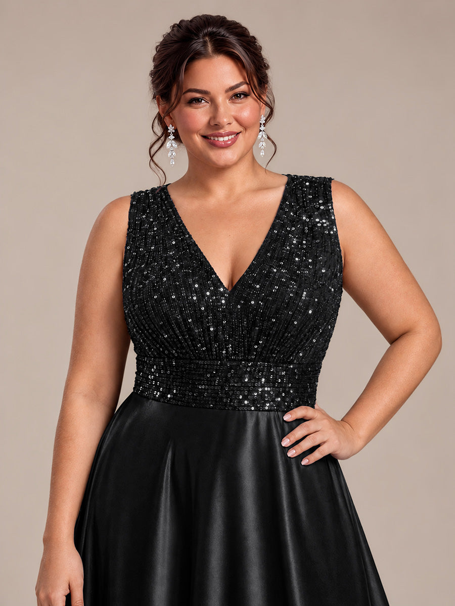 Plus Size Sequin Satin Evening Dress #color_Black