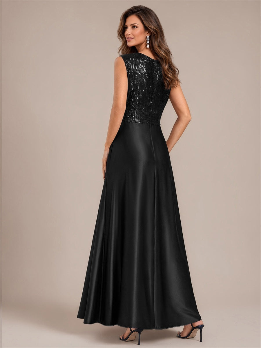 Satin Sleeveless A-Line Evening Dress #color_Black