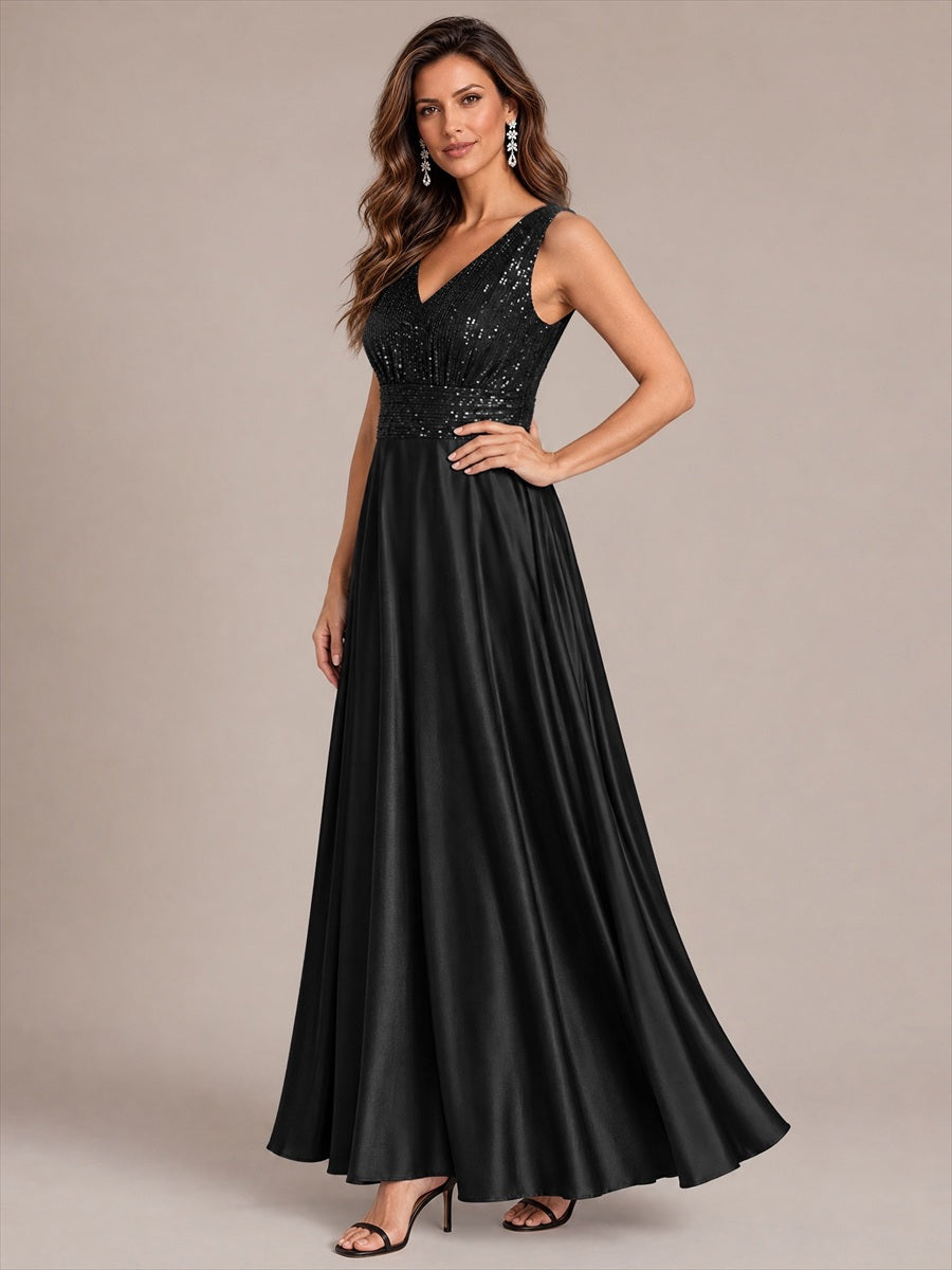 Satin Sleeveless A-Line Evening Dress #color_Black