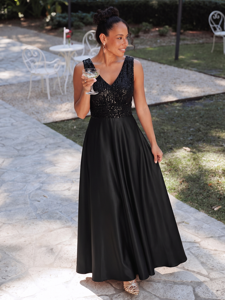 Satin Sleeveless A-Line Evening Dress #color_Black