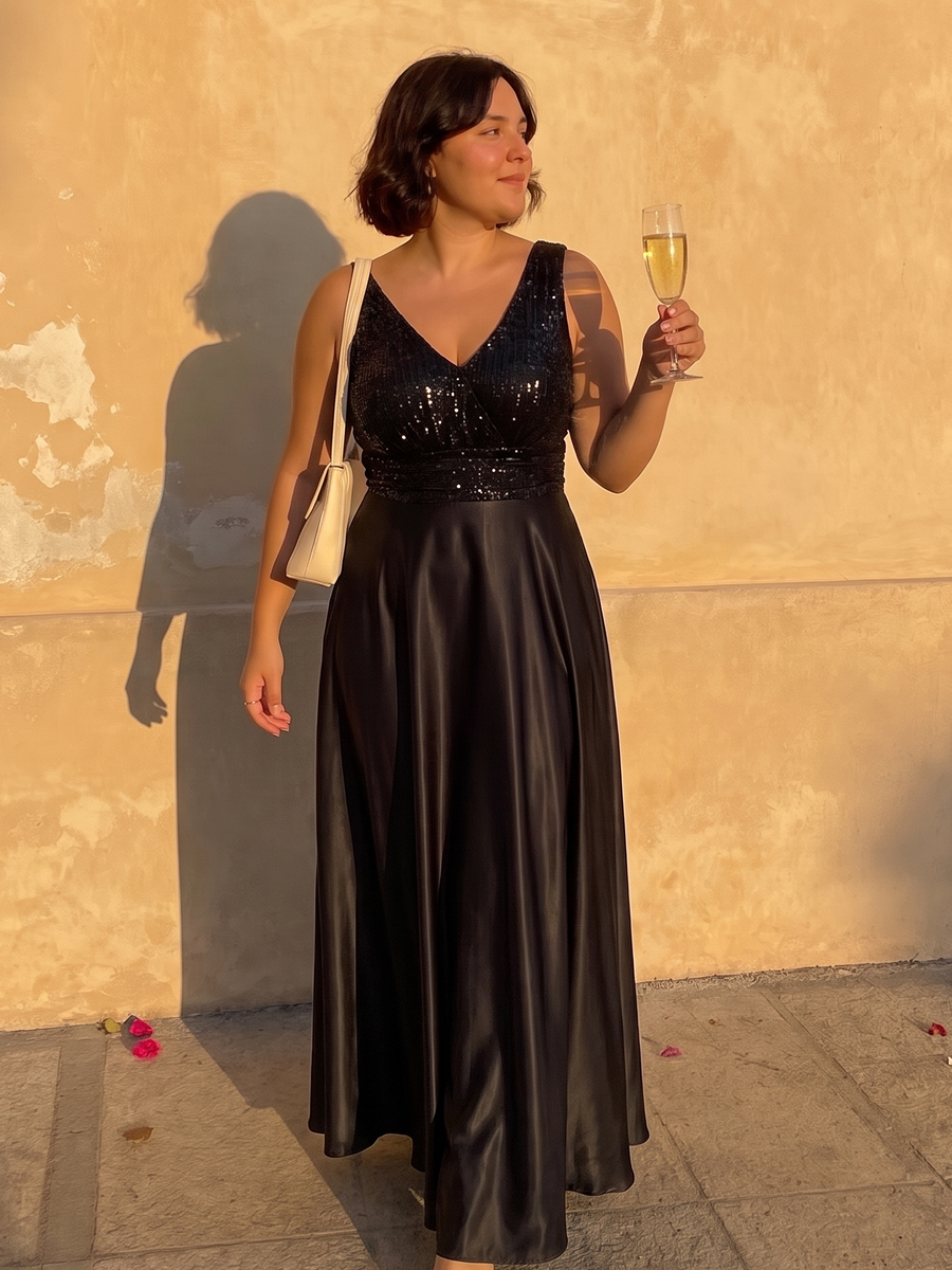 Satin Sleeveless A-Line Evening Dress #color_Black