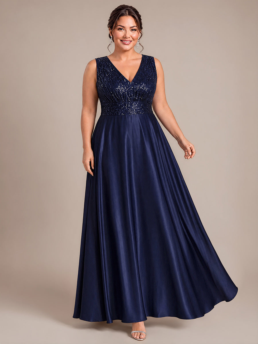 Plus Size Sequin Satin Evening Dress #color_Navy Blue