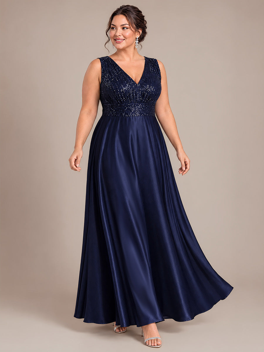 Plus Size Sequin Satin Evening Dress #color_Navy Blue