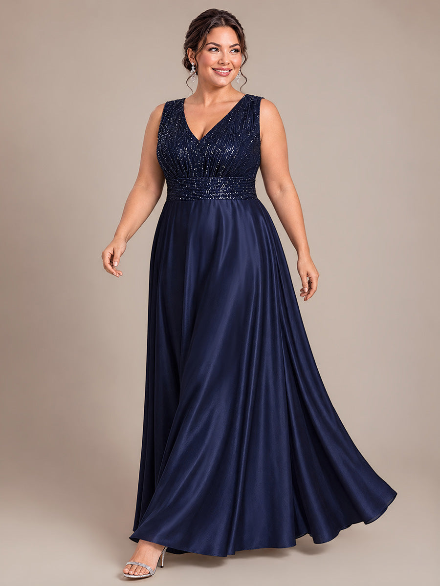 Plus Size Sequin Satin Evening Dress #color_Navy Blue