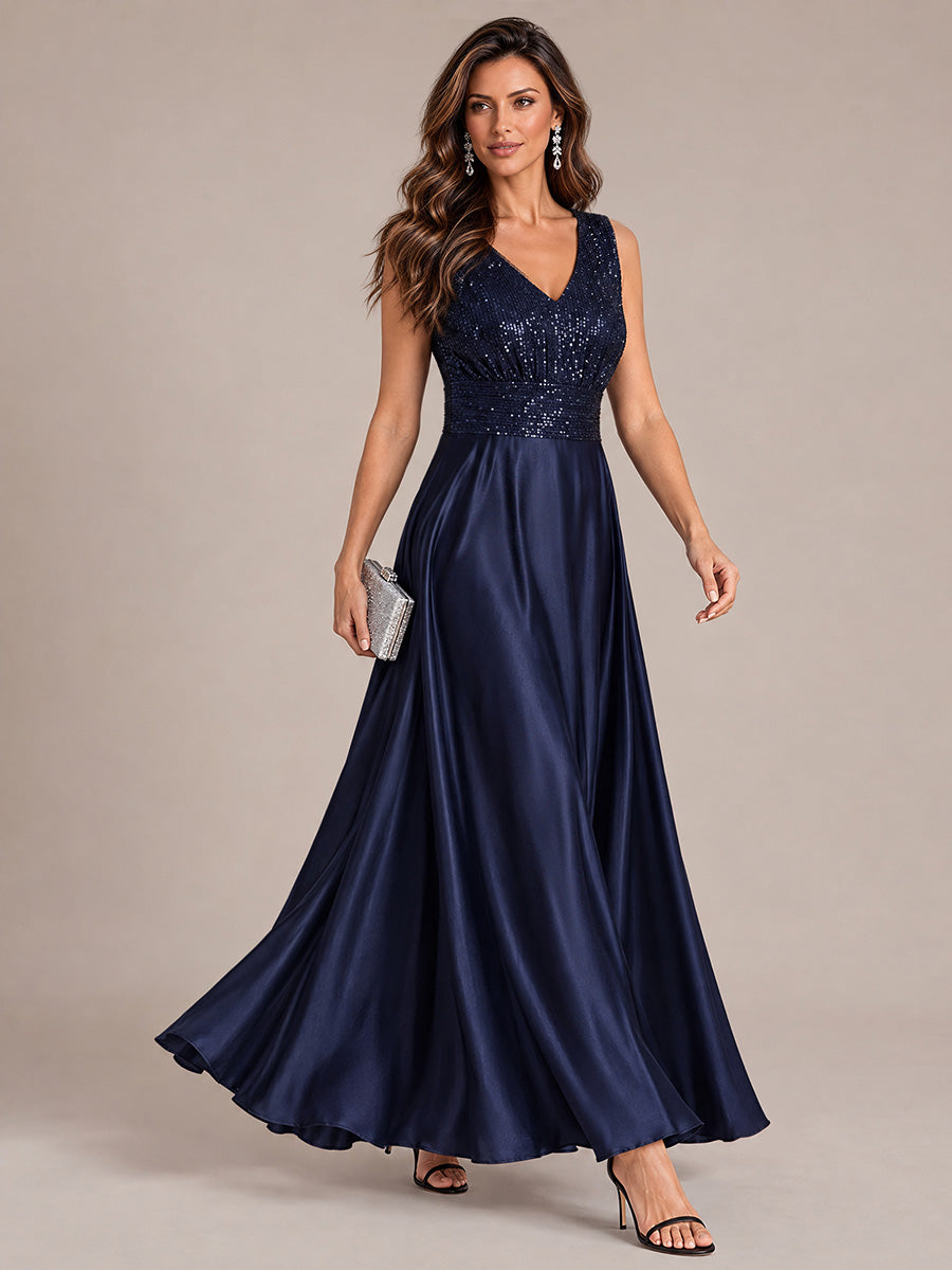 Satin Sleeveless A-Line Evening Dress #color_Navy Blue