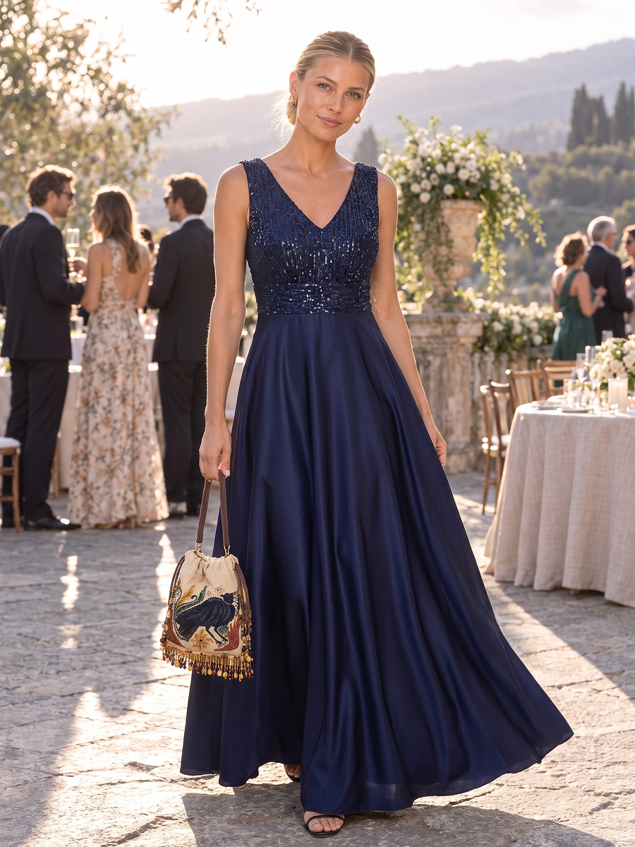 Satin Sleeveless A-Line Evening Dress #color_Navy Blue