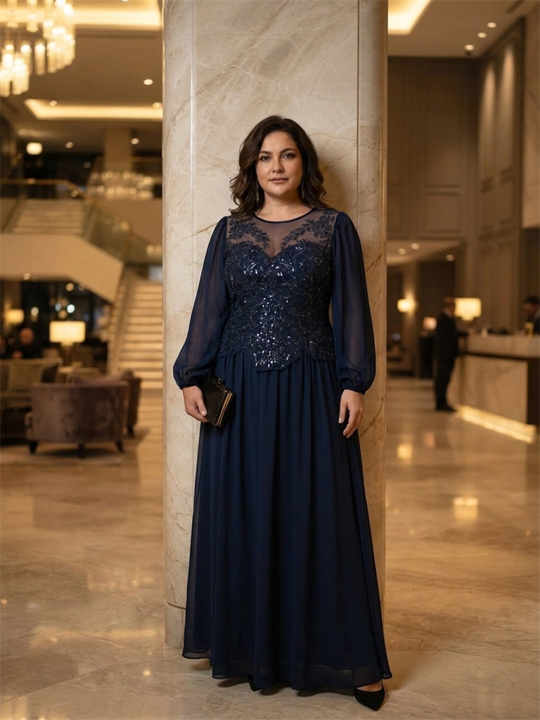 See-through Tulle Puff Sleeve Evening Dress #color_Navy Blue