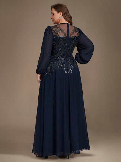 Plus Size See-through Tulle Puff Sleeve Evening Dress #color_Navy Blue