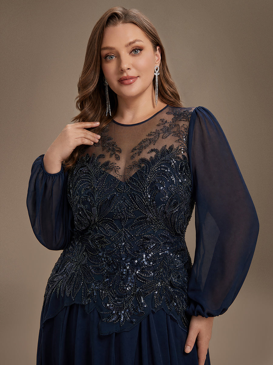 Plus Size See-through Tulle Puff Sleeve Evening Dress #color_Navy Blue