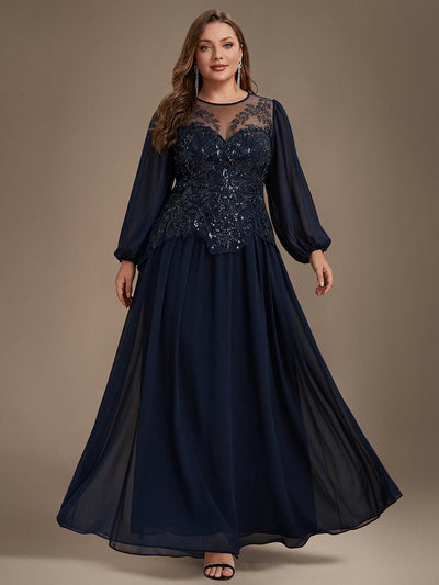 Plus Size See-through Tulle Puff Sleeve Evening Dress