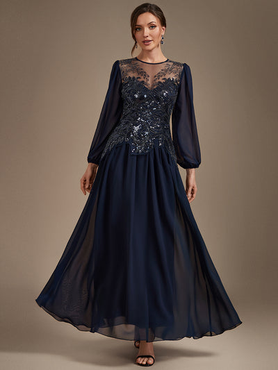 See-through Tulle Puff Sleeve Evening Dress