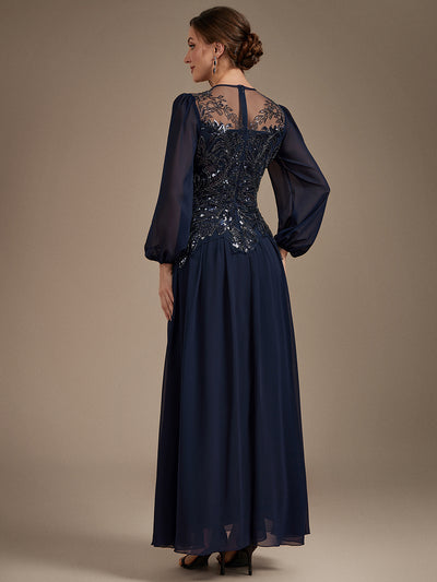 See-through Tulle Puff Sleeve Evening Dress #color_Navy Blue