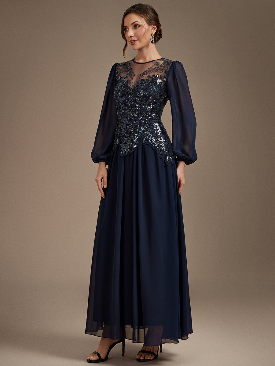 See-through Tulle Puff Sleeve Evening Dress #color_Navy Blue
