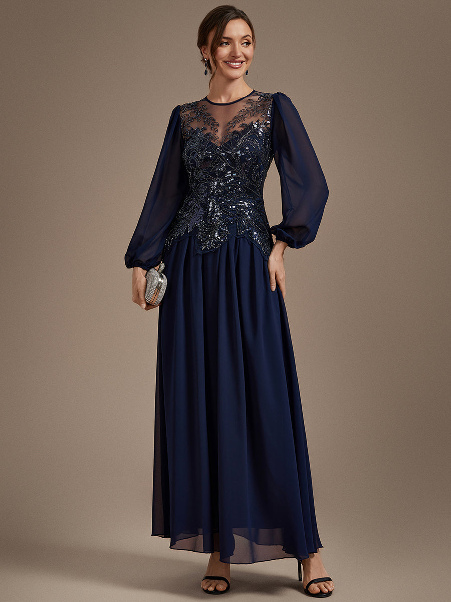 See-through Tulle Puff Sleeve Evening Dress #color_Navy Blue