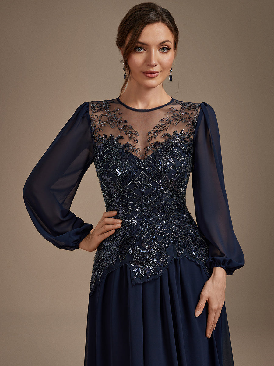See-through Tulle Puff Sleeve Evening Dress #color_Navy Blue