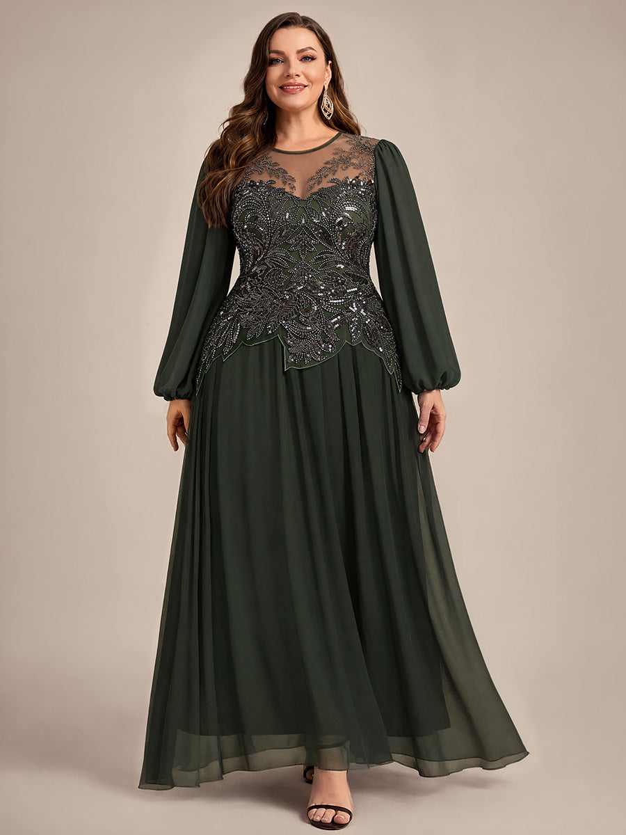Plus Size See-through Tulle Puff Sleeve Evening Dress #color_Olive Green