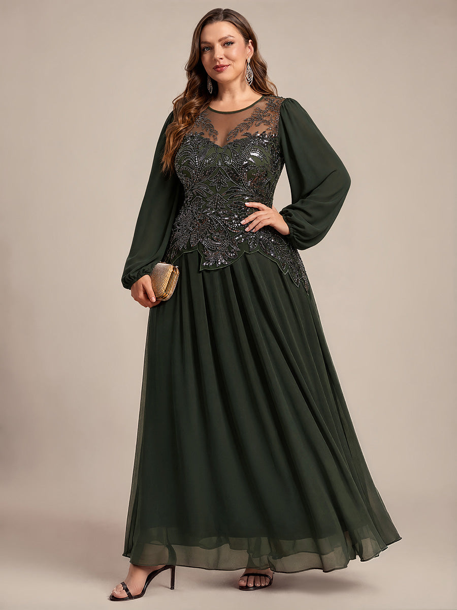 Plus Size See-through Tulle Puff Sleeve Evening Dress #color_Olive Green