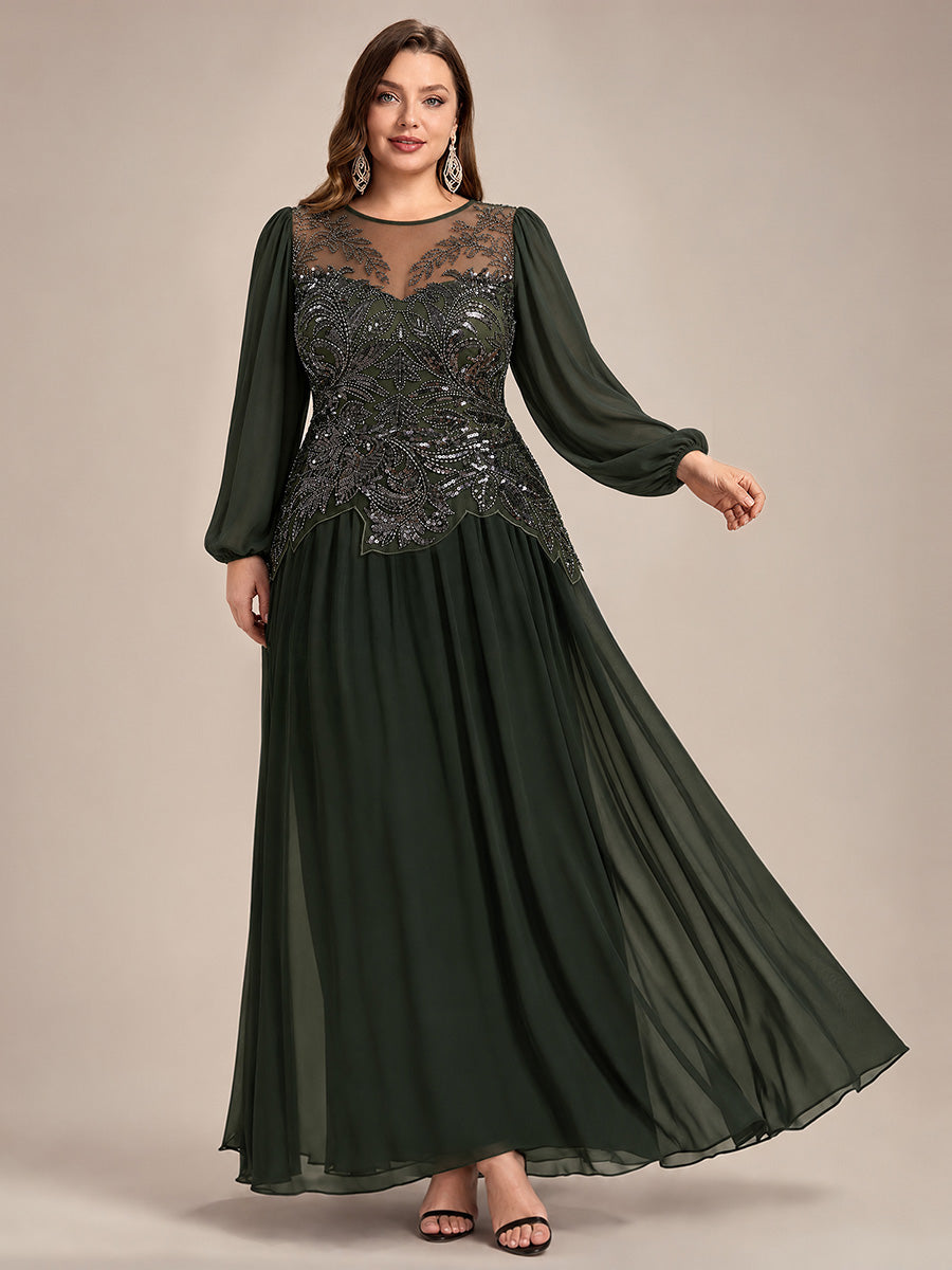 See-through Tulle Puff Sleeve Evening Dress #color_Olive Green