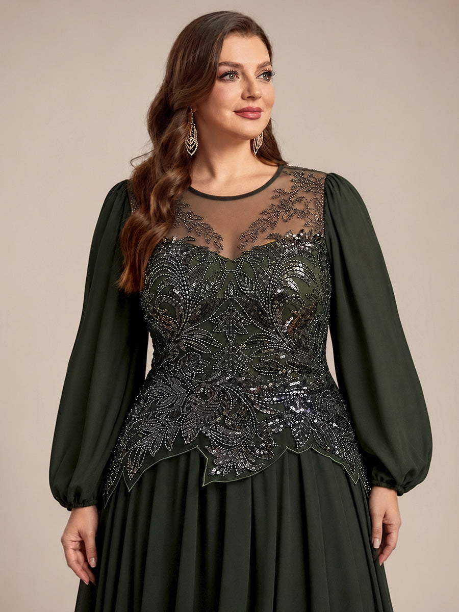 Plus Size See-through Tulle Puff Sleeve Evening Dress #color_Olive Green