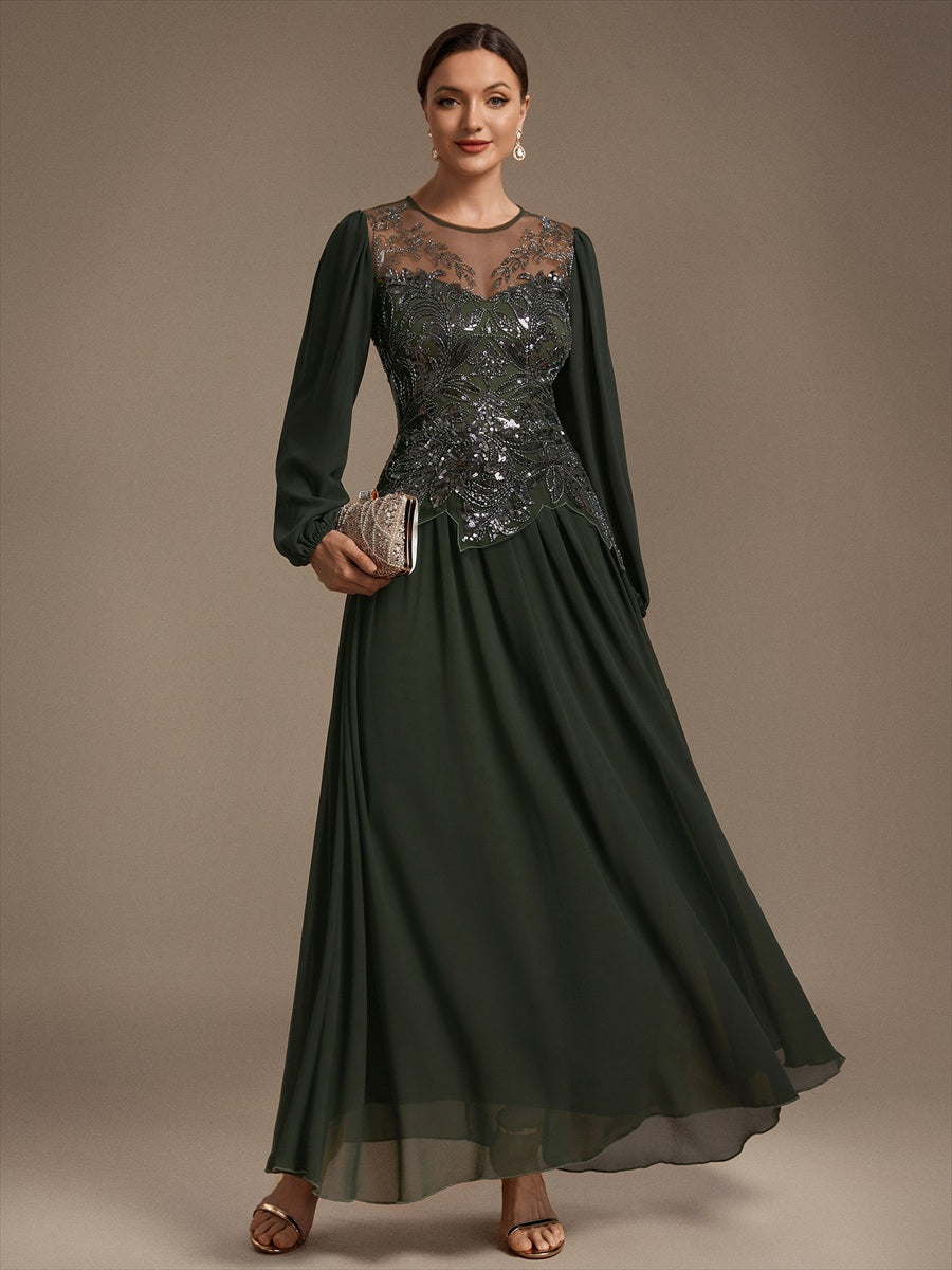 See-through Tulle Puff Sleeve Evening Dress #color_Olive Green