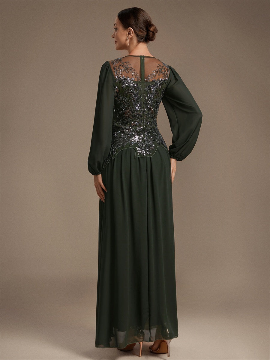 See-through Tulle Puff Sleeve Evening Dress #color_Olive Green