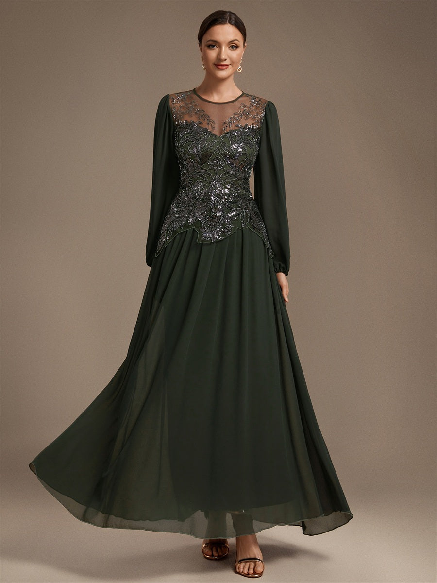 See-through Tulle Puff Sleeve Evening Dress #color_Olive Green