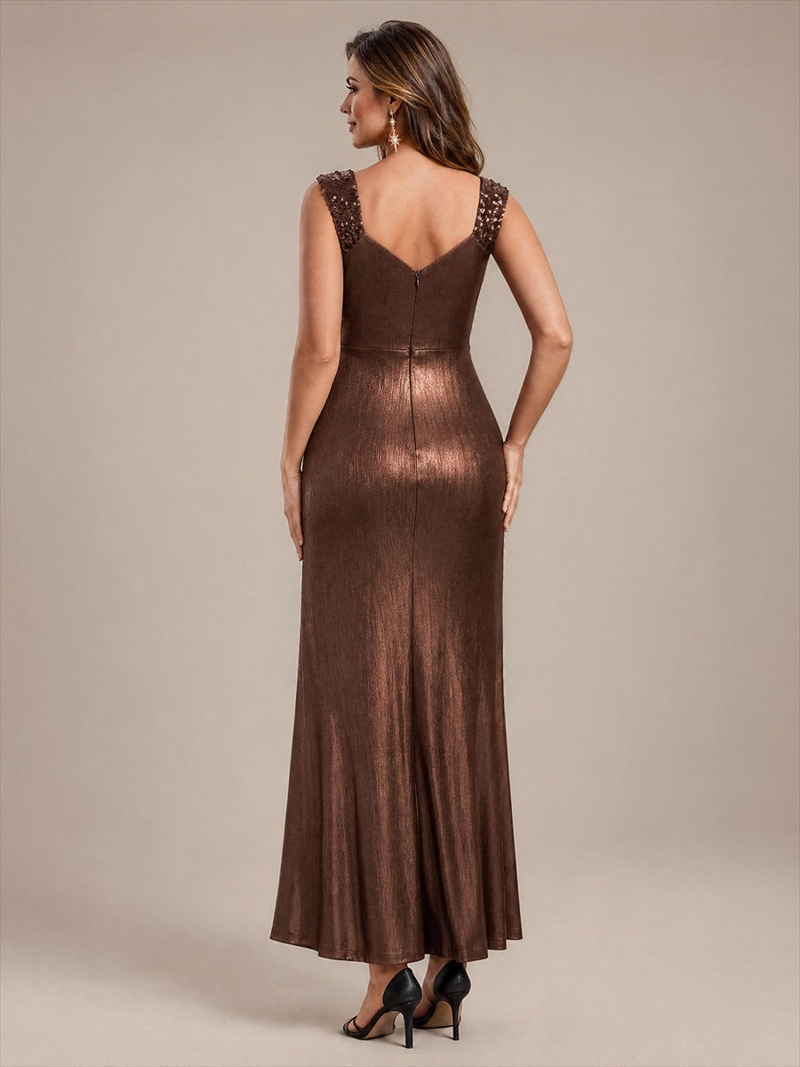 Metallic Knit Sleeveless Bodycon Evening Dress_Chocolate Brown