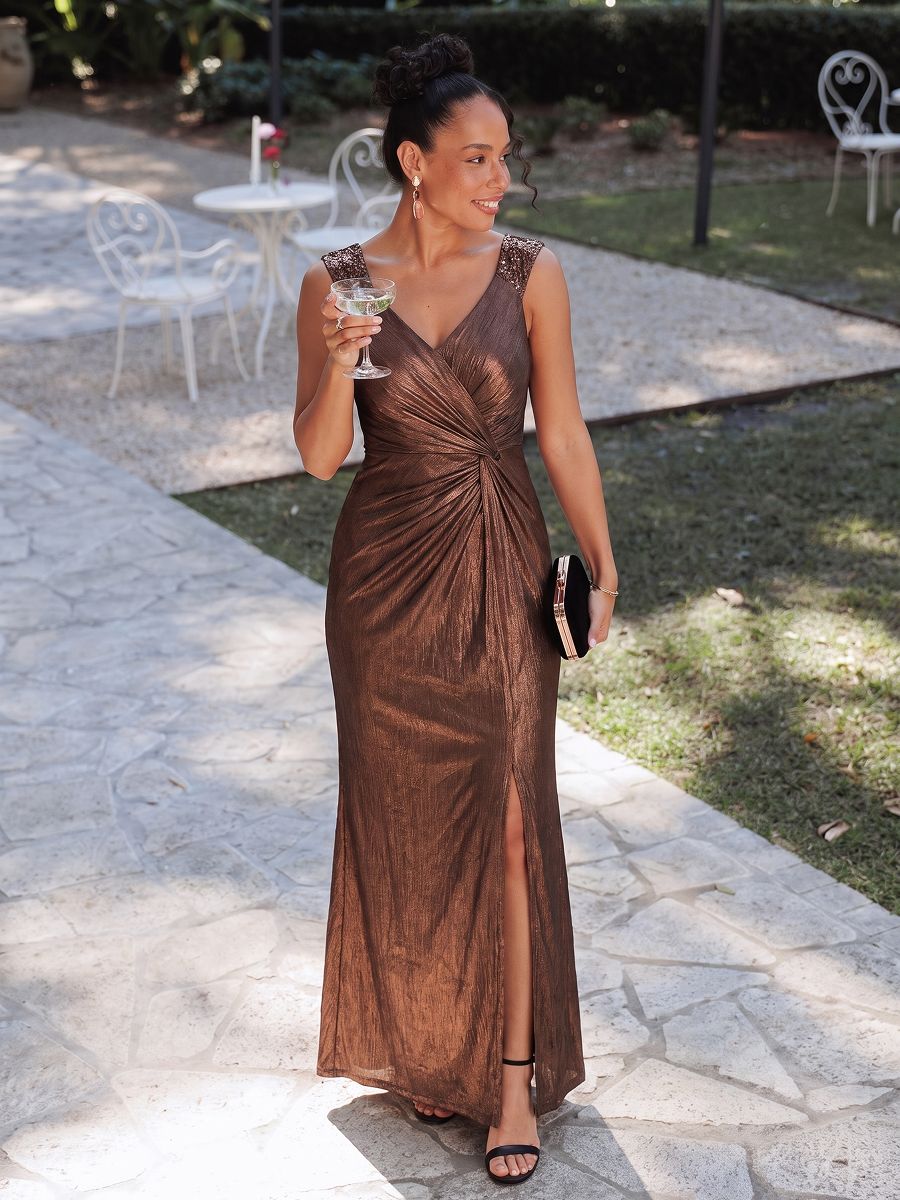Metallic Knit Sleeveless Bodycon Evening Dress #color_Chocolate Brown
