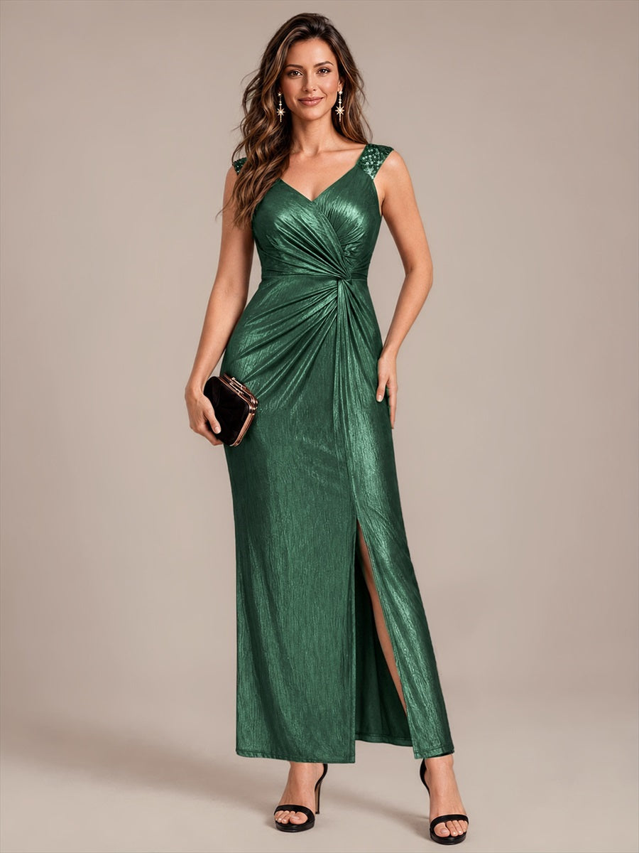 Metallic Knit Sleeveless Bodycon Evening Dress_Dark Green
