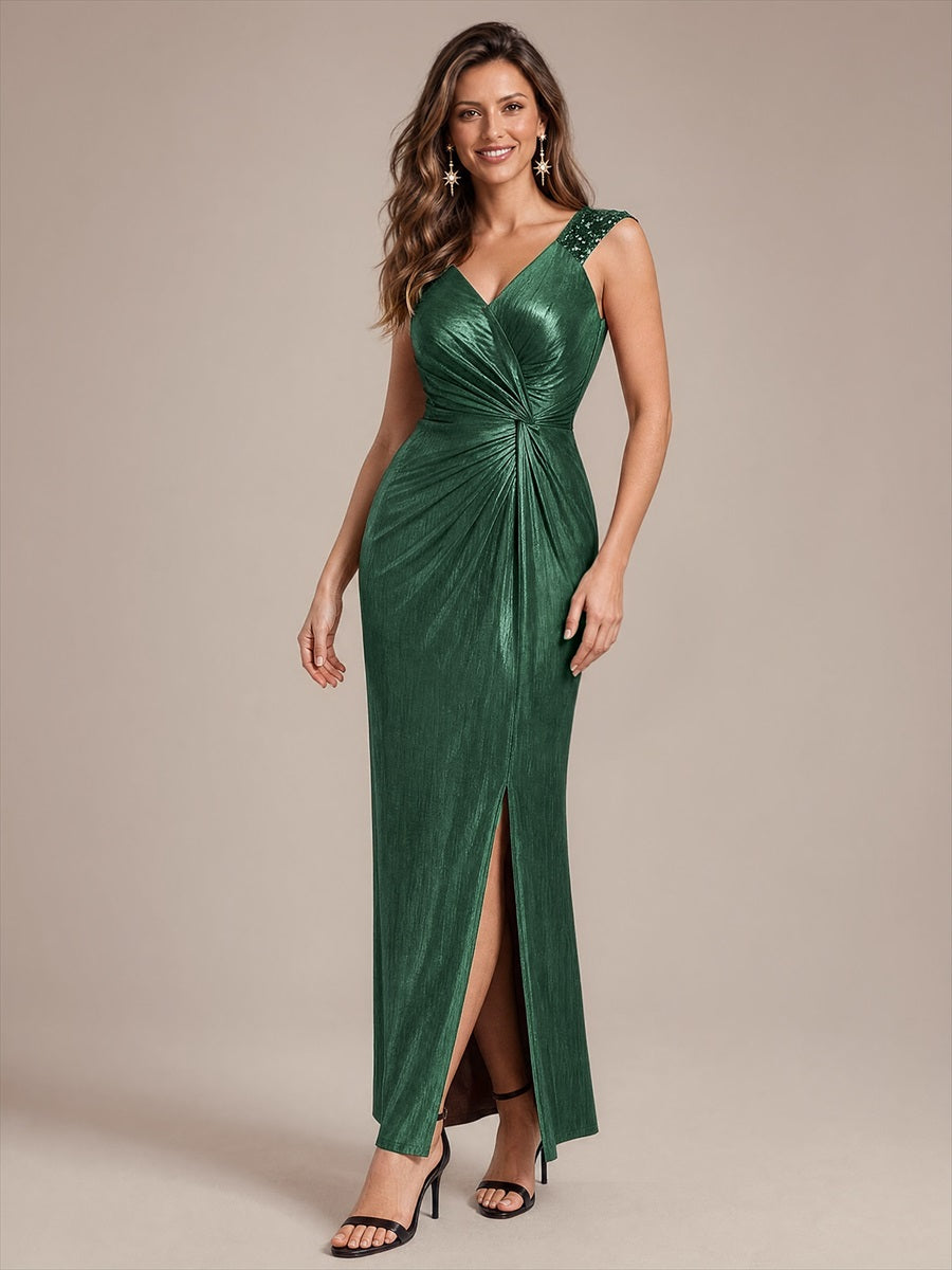 Metallic Knit Sleeveless Bodycon Evening Dress_Dark Green