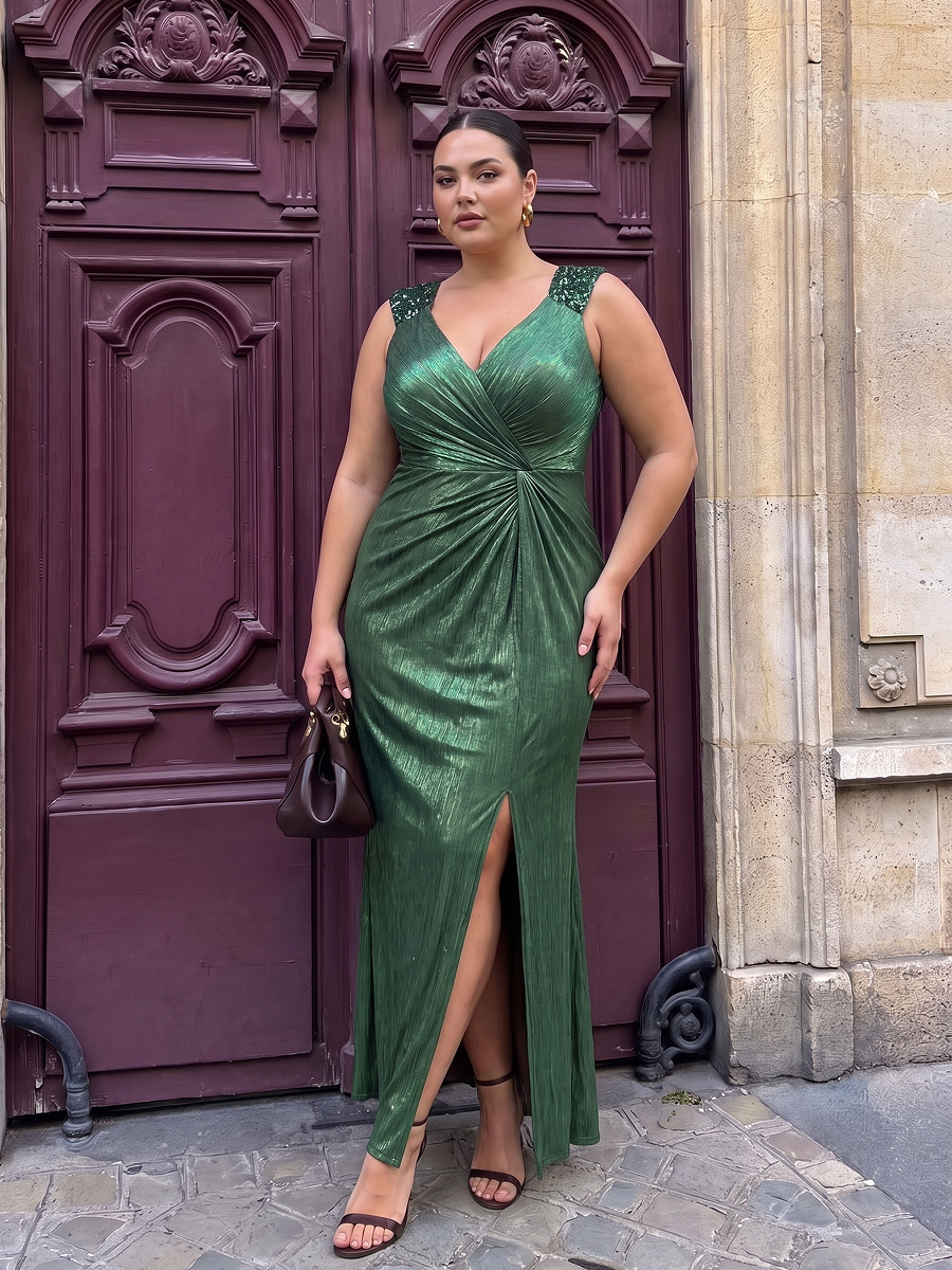Plus Size Metallic Knit Sleeveless Evening Dress #color_Dark Green