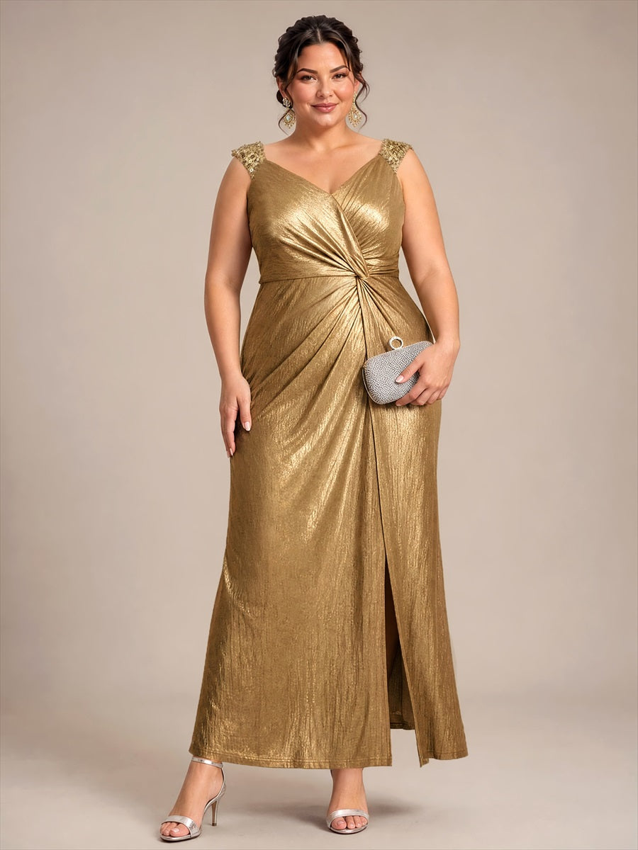 Metallic Knit Sleeveless Bodycon Evening Dress_Gold