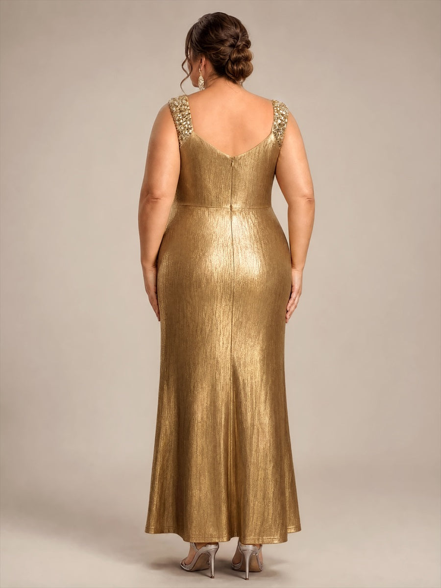 Metallic Knit Sleeveless Bodycon Evening Dress_Gold