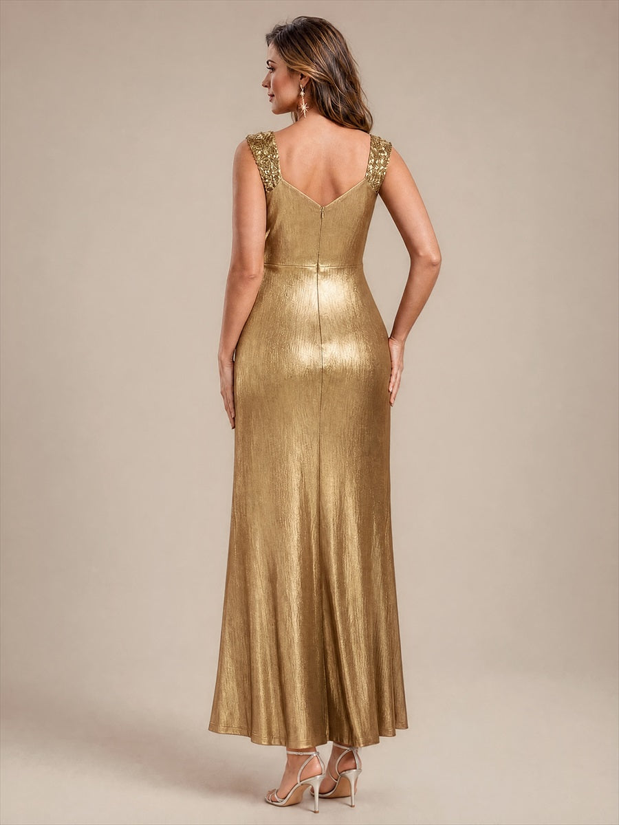Metallic Knit Sleeveless Bodycon Evening Dress_Gold