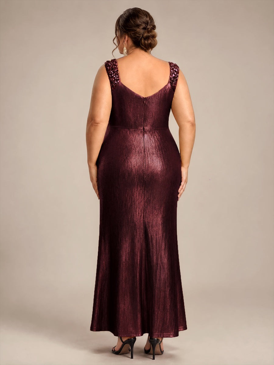 Plus Size Metallic Knit Sleeveless Evening Dress #color_Mahogany Brown
