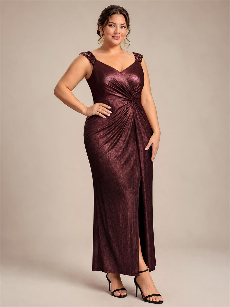 Plus Size Metallic Knit Sleeveless Evening Dress #color_Mahogany Brown