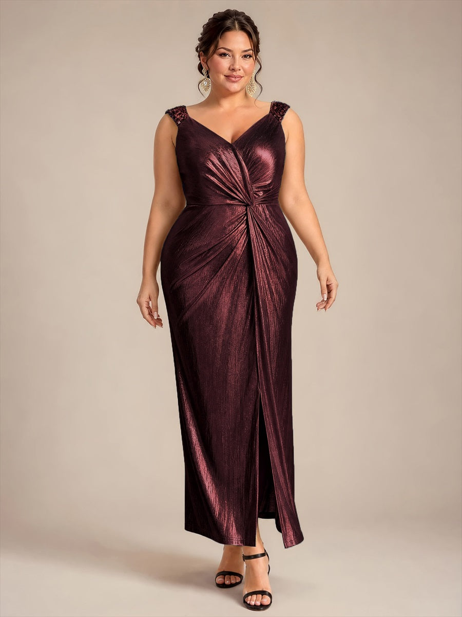 Plus Size Metallic Knit Sleeveless Evening Dress #color_Mahogany Brown