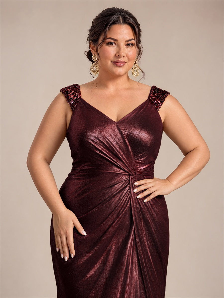 Plus Size Metallic Knit Sleeveless Evening Dress #color_Mahogany Brown