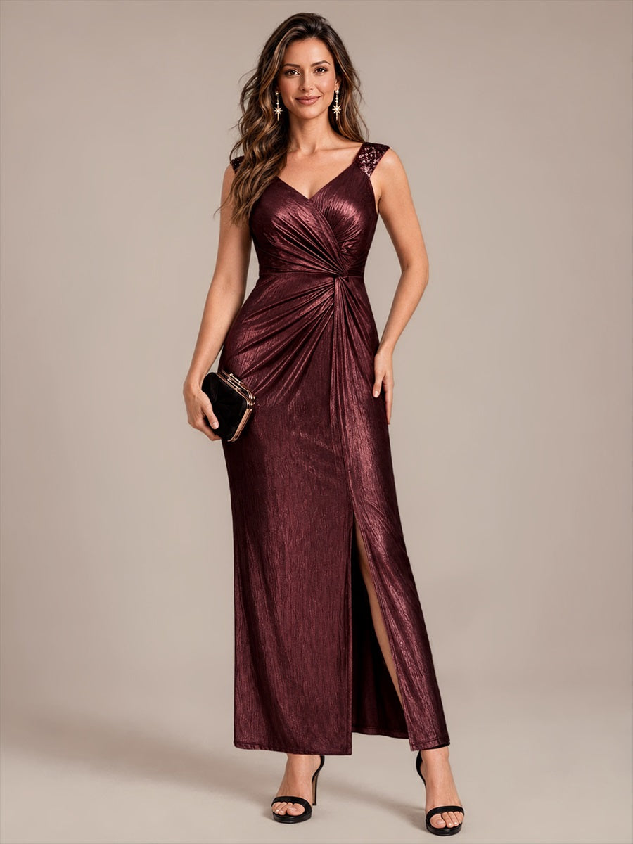 Metallic Knit Sleeveless Bodycon Evening Dress_Mahogany Brown