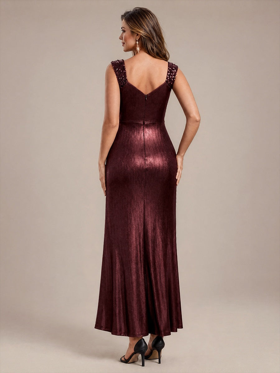 Metallic Knit Sleeveless Bodycon Evening Dress_Mahogany Brown